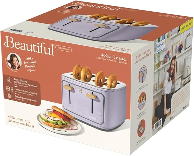 Beautiful 4-Slice Toaster by Drew Barrymore – Touch Display, Extra-Wide Slots, Bagel & Frozen Functions, Stainless Steel (Lavender)