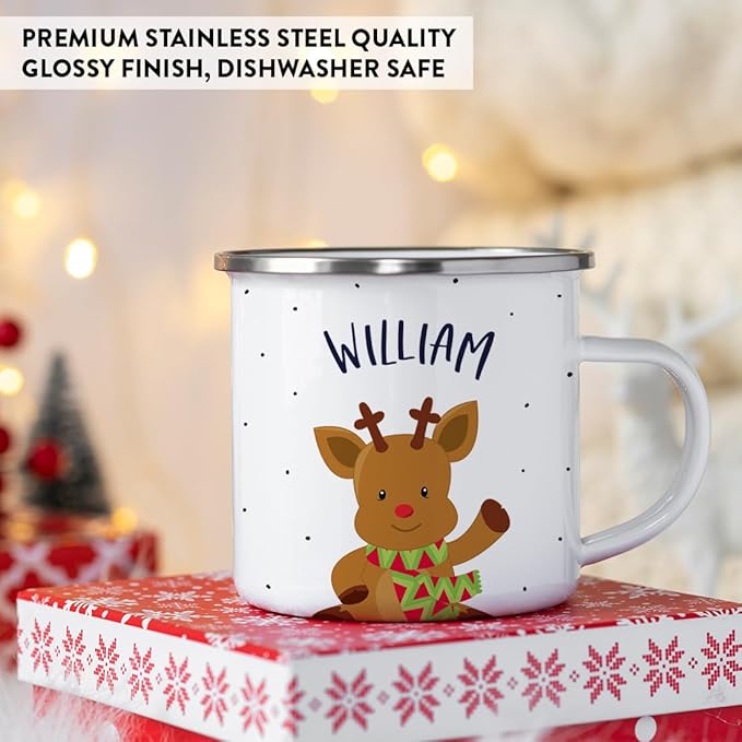 Andaz Press Personalized Name 11oz. Kids Christmas Hot Chocolate Stainless Steel Campfire Coffee Mug, Adorable Rudolph Reindeer Waving, 1-Pack, Custom Birthday Xmas Cup Kids Mugs For Hot Chocolate