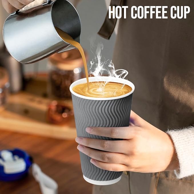 16 oz Coffee Cups with Lid, 100 Pack Disposable Coffee Cups Insulated Ripple Paper Cups for Water, Juice, Coffee (Gray 16 oz)