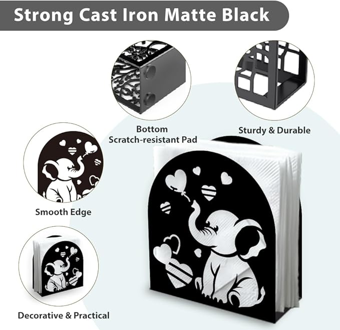 Elephant Decorative Black Metal Napkin Holder for Table, 5.3" x 4.9" x 1.9" Cute Animal Heart Standing Napkin Holder for Home Kitchen Restaurant Picnic Party Coffee Bar Dining Room