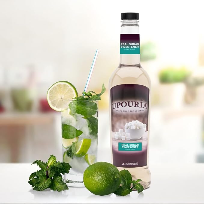 Upouria Real Sugar Sweetener Simple Syrup, 100% Vegan and Gluten-Free, 750 mL Bottle - Coffee Syrup Pump Included