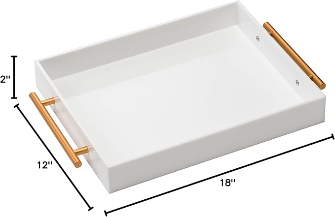Glossy White Acrylic Tray with Metal Handle,No Need to Assemble-Acrylic Tray for Ottoman,Coffee Table, Breakfast, Tea, Food, Butler - Decorative Tray (12x18 Inch, White)