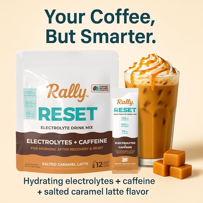 Rally Reset Instant Coffee Packets – Salted Caramel Latte Mix with MCT Oil, Caffeine, Vitamin B12 & Vitamin C – Functional Single-Serve Coffee Sticks, Low Sugar | 12 Sticks