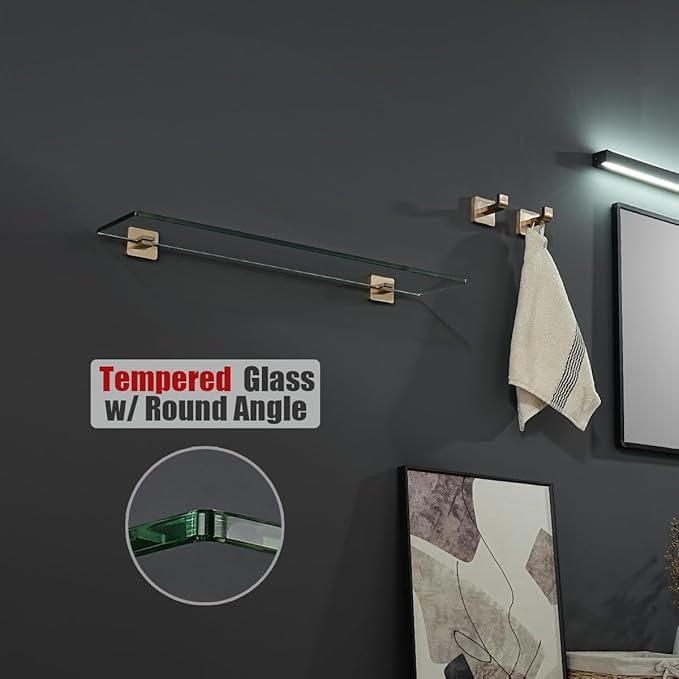 JQK Bathroom Glass Shelf, Floating Tempered Glass Shower Storage 24 by 5 inches, 304 Stainless Steel Champagne Bronze Wall Mount, TGS201L24-CB
