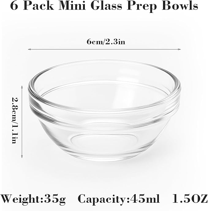 6 Pack Mini Glass Prep Bowls - 1.5oz Small Ramekins for Condiments, Dipping Sauces, Kitchen Organization