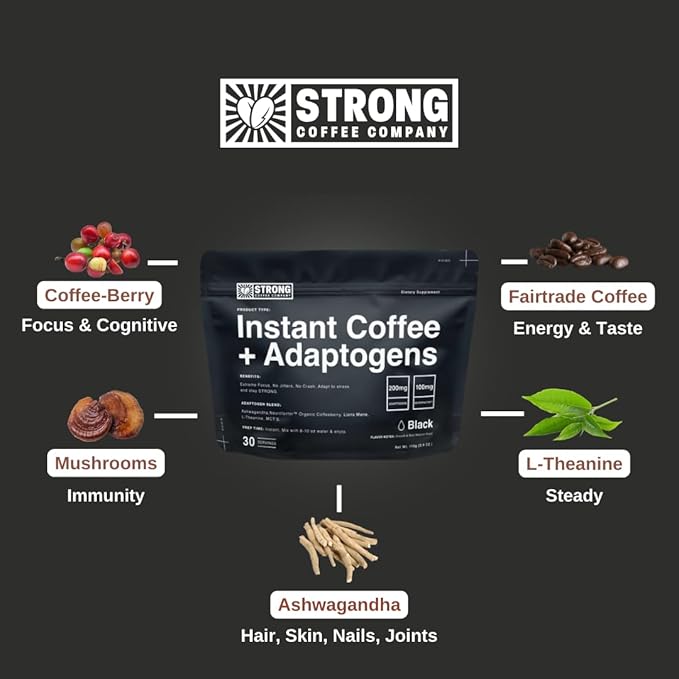 Strong Coffee Co. Instant Black Coffee | Organic Coffee with Nootropics & Adaptogens, NeuroFactor®, L-Theanine, Ashwagandha, Reishi & MCT Oil | No Jitters, No Crash (1, 30 Servings)
