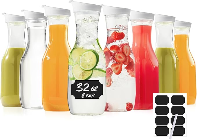 Water Carafe with Lid, 32 Oz Round Plastic Pitcher for Drinks, Milk, Mimosa Bar Supplies, Iced Tea, Juice Containers with Lids for Fridge, BPA-Free, NOT DISHWASHER SAFE, 8 Pack