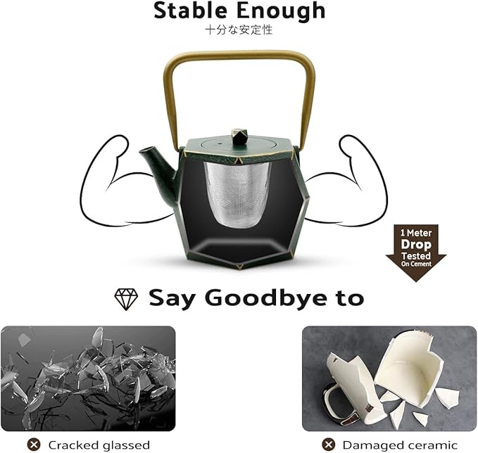 Toptier Cast Iron Teapot, Stovetop Safe Japanese Cast Iron Tea Kettle, Diamond Design Tea Pot with Removable Infuser for Loose Tea, 40 Ounce (1200 ml), Dark Green