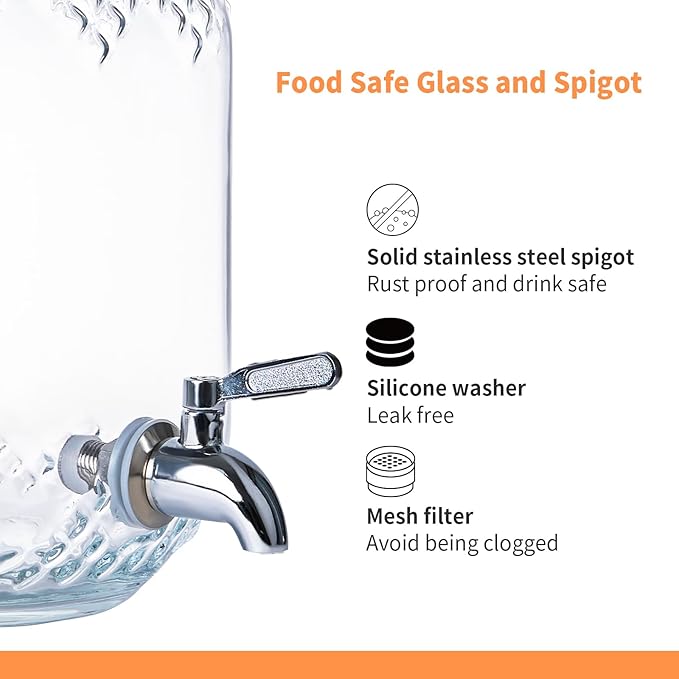 1 Gallon Glass Drink Dispensers for Parties, Beverage Dispenser with Stand and Fruit Infuser, Glass Lemonade Dispenser with Stainless Steel Spigot for Kombucha, Sun Tea, Juices, BBQ, Weddings