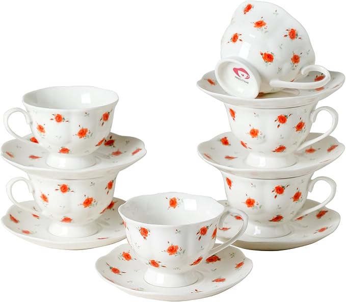12-Piece Porcelain Tea Cup Set, 6 Cups & 6 Saucers with Classic Rose Pattern, Ceramic 6oz Scalloped Cups, Dishwasher & Microwave Safe