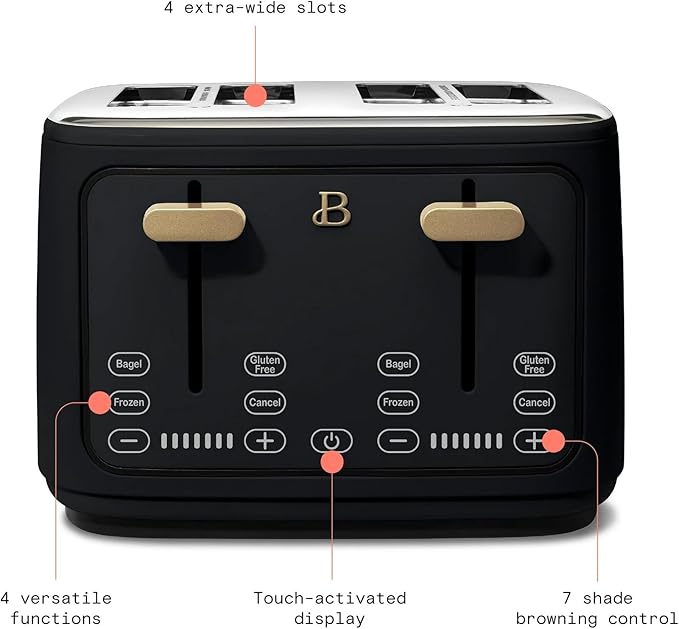 Beautiful 4-Slices Toaster with Touch-Activated Digital Display, Extra-Wide Self-Adjusting Slots, Adjustable Shade Control by Drew Barrymore (Black Sesame)