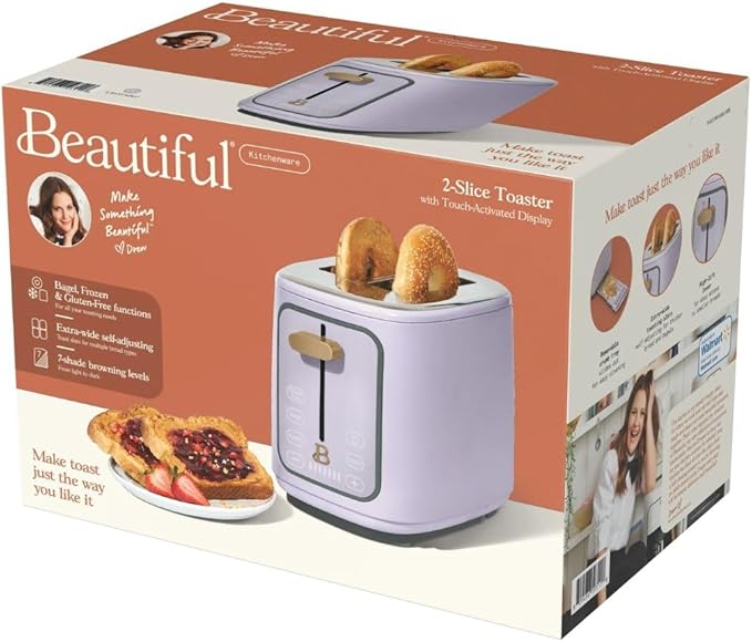 Beautiful by Drew Barrymore 2-Slice Toaster, Touch-Activated Display, 7 Shade Settings, Bagel/Frozen/Reheat Presets. (Lavender)