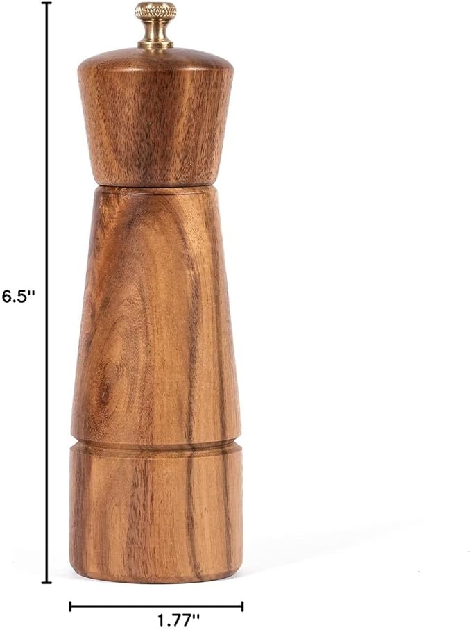 Pepper Grinder, Pepper Mill with Adjustable Stainless Steel, Acacia Wood, 16.5 cm Height, Bottom Dia: 5 cm, Upper Dia: 4.5 cm (Tray is NOT Included)