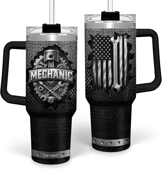 SANDJEST Mechanic Gift for Men, 40oz Stainless Steel Insulated Coffee Tumbler With Lid & Straw, Travel Mug Gift for Dad Husband, Christmas Birthday Father's Day
