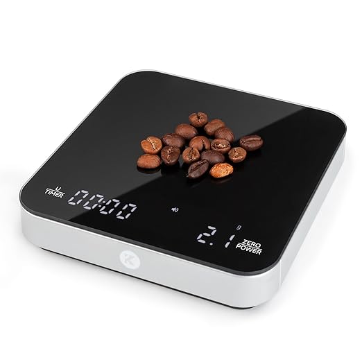 KitchenTour CaféMetric Coffee Scale with Timer 0.1g/2000g - Precision Small Scale for Espresso & Pour Over - Mini Scale with LED Display (Silver, AAA Battery)