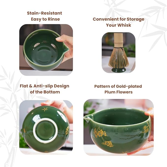 Matcha Whisk Set, Complete 8 Pcs Matcha Kit for Japanese Tea Ceremony, Ceramic Bowl with Spout, Bamboo Whisk, Spoon, Scoop, Sifter, Christmas Gift for Beginners and Matcha Lovers(Green)