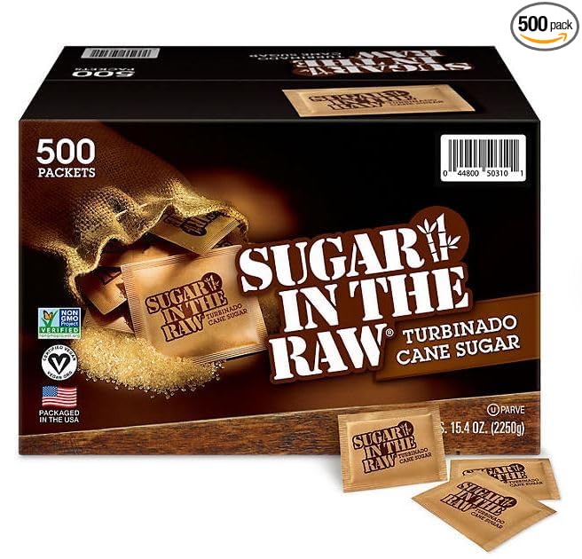 Raw Natural Cane Brown Sugar Turbinado, 500 Count, Pack of 1, Natural Sweetener for Drinks and Baking Packets for Home, Office, Coffee, Bar, Gift,Restaurants, & Coffee Stations- MIM