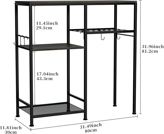 Consumest Microwave Stand, Adjustable Coffee Bar Cabinet, Multifunctional Pan Organizer with 6 Hooks and 3 Shelves, Bakers Rack for Shovel, Pots, Fruits, Vegetables, Grey & Black