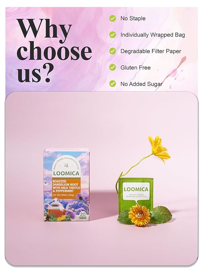 LOOMICA Roasted Dandelion Root with Milk Thistle & Peppermint, Caffeine Free, with Toasted Nutty Flavor, Wellness Support Herbal Blend, Coffee Alternative, Bold & Smooth, 20 Counts (Pack of 2)
