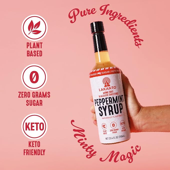 Lakanto Peppermint Simple Syrup - Perfect for Coffee, Tea, Lattes, Smoothies, Cocktails, Holiday Drinks, Baking, Monk Fruit Sweetener with Allulose Zero Sugar, Keto Diabetic Friendly (25.4 Fl Oz)