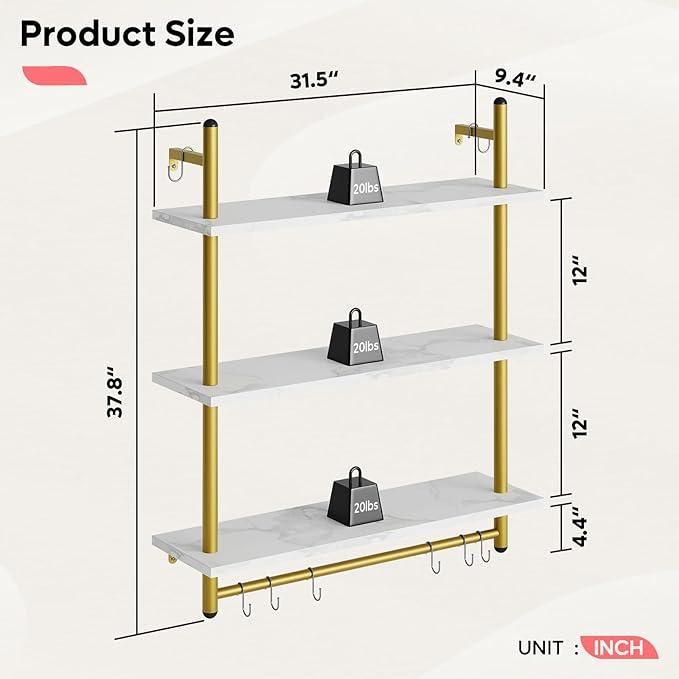 Bestier 31" Industrial Pipe Shelving, Floating Kitchen Wall Shelves 3 Tier Coffee Bar Shelves for Wall with 8 Hooks, Hanging Display Shelf Bookshelf for Living Room Bathroom, White Marble
