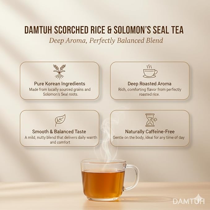 Damtuh Korean Roasted Rice & Solomon’s Seal Tea – Traditional Herbal Tea - Caffeine-Free, Sugar-Free, Non-Caloric, 40 Tea Bags (1.5g each)
