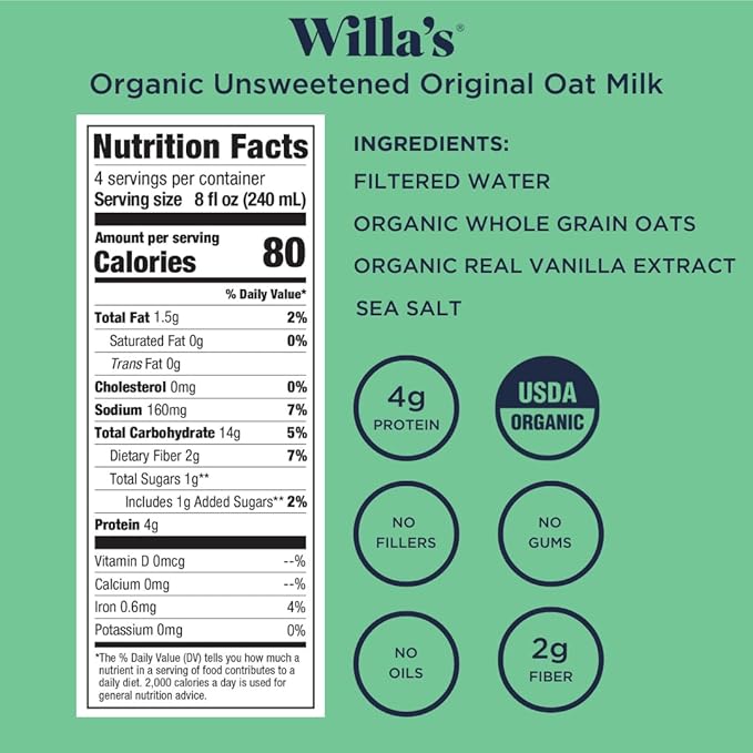 Willa's Organic Oat Milk - Unsweetened Original Oatmilk, Non-GMO, Shelf Stable, Low Sugar, Non-Dairy Vegan Milk, Made from Whole Oats, No Oil, No Gums, 32oz, Pack of 6
