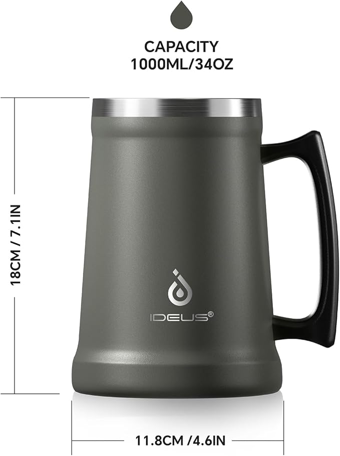 Ideus Insulated Beer Stein, 24/32oz Stainless Steel Double Walled Beer Mug Giant Bar Drinkware Metal Beer Cup with Big Grip Handle (Grey, 34oz (1,000ml))