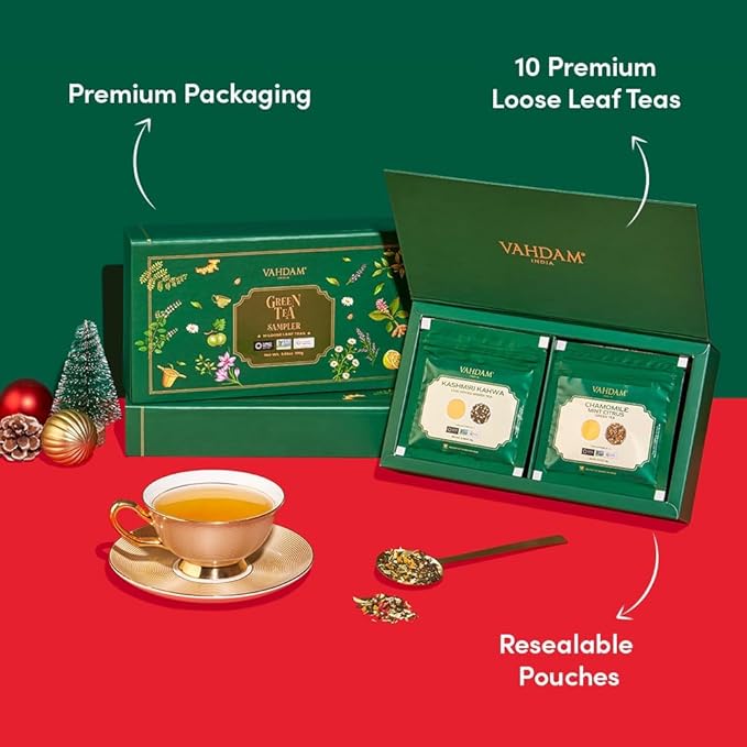 VAHDAM, Assorted Green Tea Loose Leaf Tea Gift Set (10 Flavors) Gift Ideas for Women & Men | Exotic Himalayan Green Tea Blends | Resealable Ziplock Pouch | Christmas Tea Gift Set