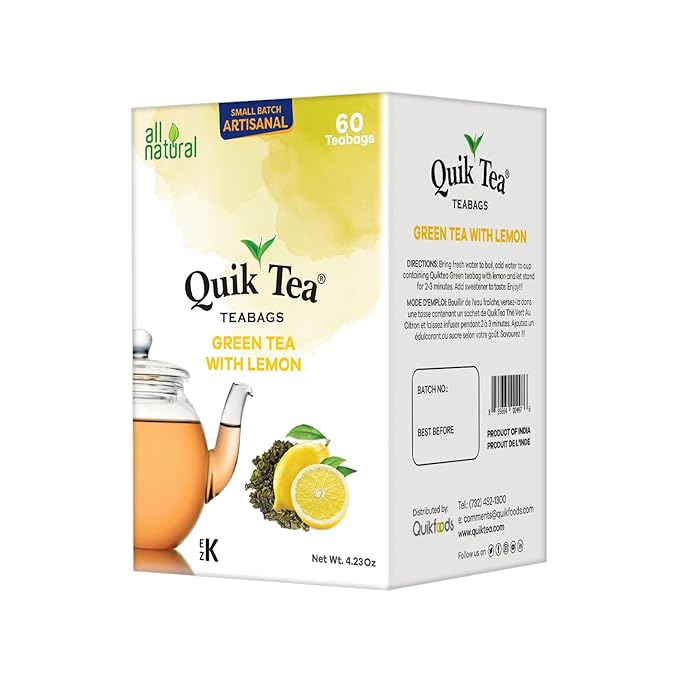 QuikTea Green Tea with Lemon Flavored Tea Bags - 60 Count - All Natural, Preservative Free - Lemon Flavored Green Teabags from Assam