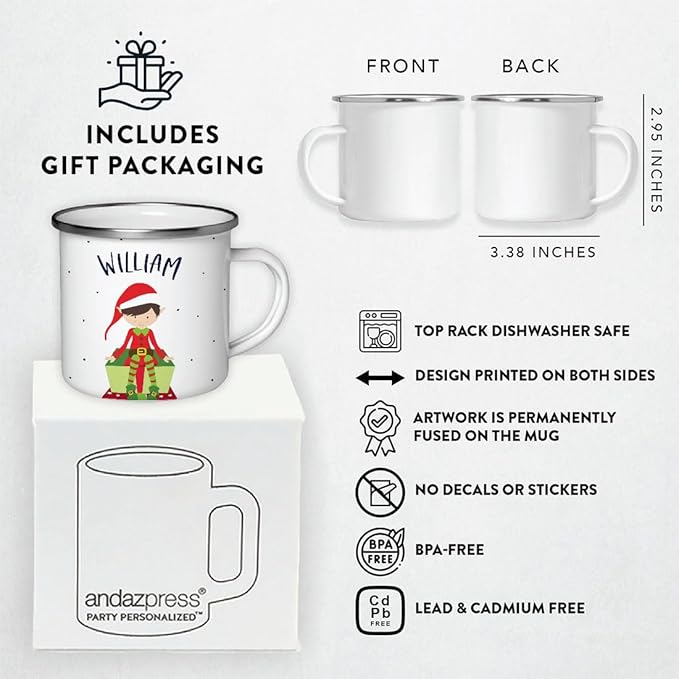 Andaz Press Personalized Name 11oz. Kids Christmas Hot Chocolate Stainless Steel Campfire Coffee Mug, Red Boy Xmas Elf Seated, 1-Pack, Custom Birthday Xmas Cup Christmas Hot Chocolate Mug
