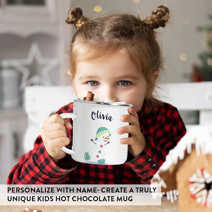 Andaz Press Personalized Name 11oz. Kids Christmas Hot Chocolate Stainless Steel Campfire Coffee Mug, Charming Snowman Aqua Ice Skates, 1-Pack, Custom Birthday Xmas Cup Kids Hot Chocolate Mug
