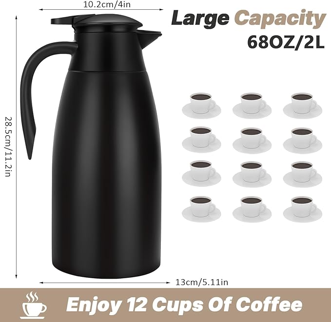 68OZ Thermal Coffee Carafes for Keeping Hot, 2 Liter Stainless Steel Thermal Carafe, Double Wall Vacuum Insulated Pitcher Tea Pot for Coffee Tea Keep Hot 12 Hours, Silver & Black