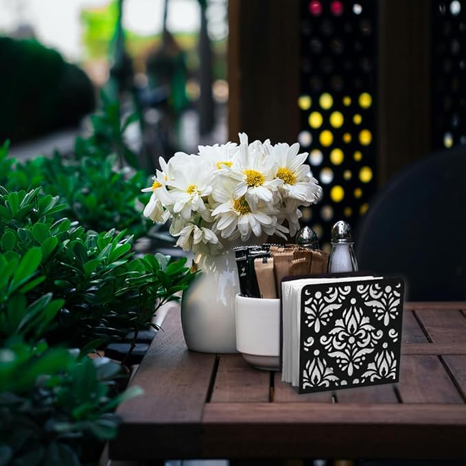 Retro Scrollwork Decorative Black Metal Napkin Holder for Table, 4.9" x 4.7" x 1.9" Damask Standing Napkin Holder for Home Kitchen Restaurant Picnic Party Coffee Bar Dining Room