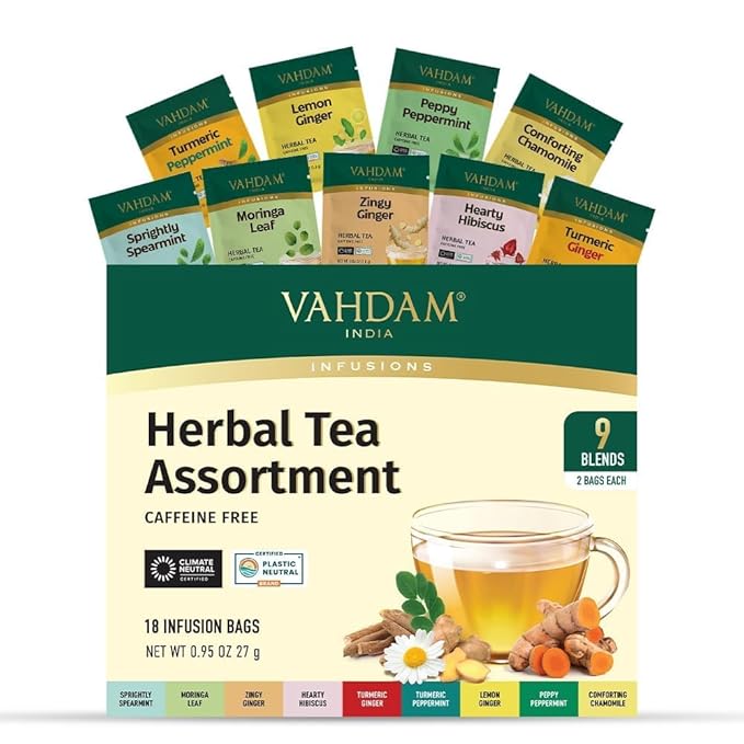 VAHDAM, Assorted Herbal Tea Gift Set (18 Tea Bags, 9 Flavors) Caffeine-Free, Non-GMO | Double Infusion, Individually Enveloped Tea Bags | Herbal Tea variety Pack | Christmas Tea Gifts for Women & Men