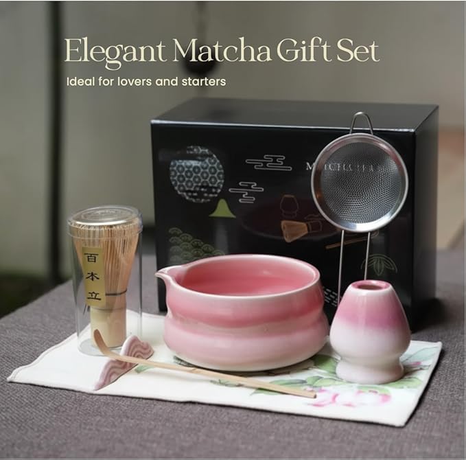 7pcs sunset pink matcha whisk set with cute 'Chubby Belly' design - complete matcha kit set includes bamboo whisk, bowl, stand, scoop, sifter, towel -ideal gift for women and Japanese tea ceremony