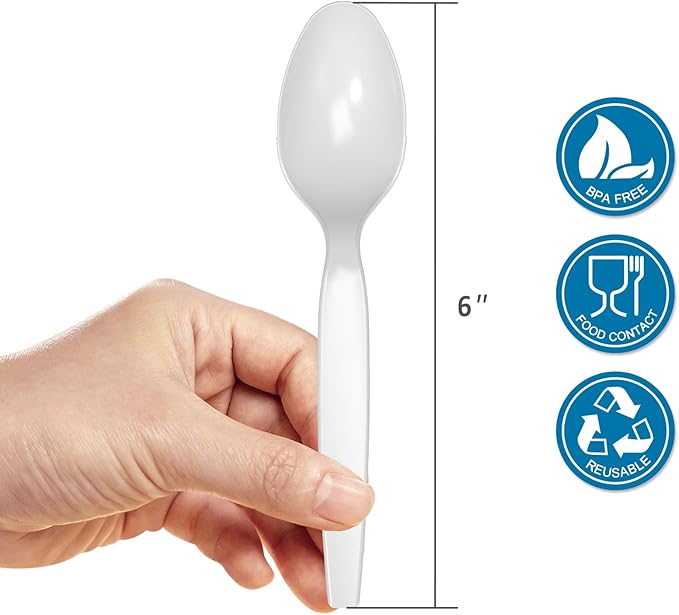 POSATE Plastic Spoons, White, Heavy weight, 100 Count