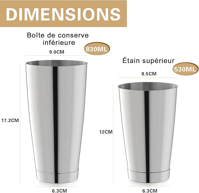 WOTOR Boston Cocktail Shaker Set, 18 oz & 28 oz Stainless Steel Weighted Shaker Tins, Strainer, Double Measuring Jigger, Professional Bar Tools for Bartender (Silver)
