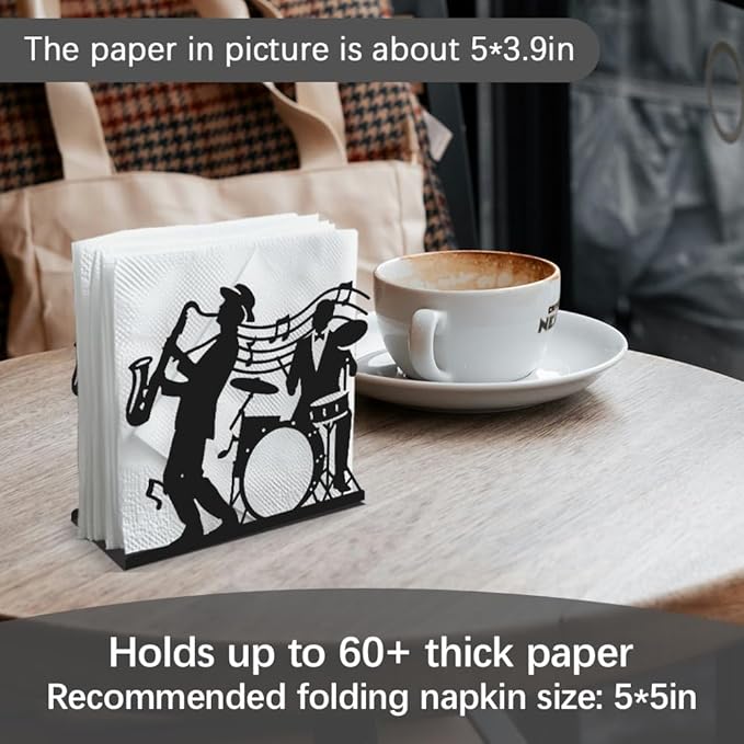 Jazz Live Performance Decorative Black Metal Napkin Holder for Table, 5.3" x 4.9" x 1.9" Sheet Music Standing Napkin Holder for Home Kitchen Restaurant Picnic Party Coffee Bar Dining Room