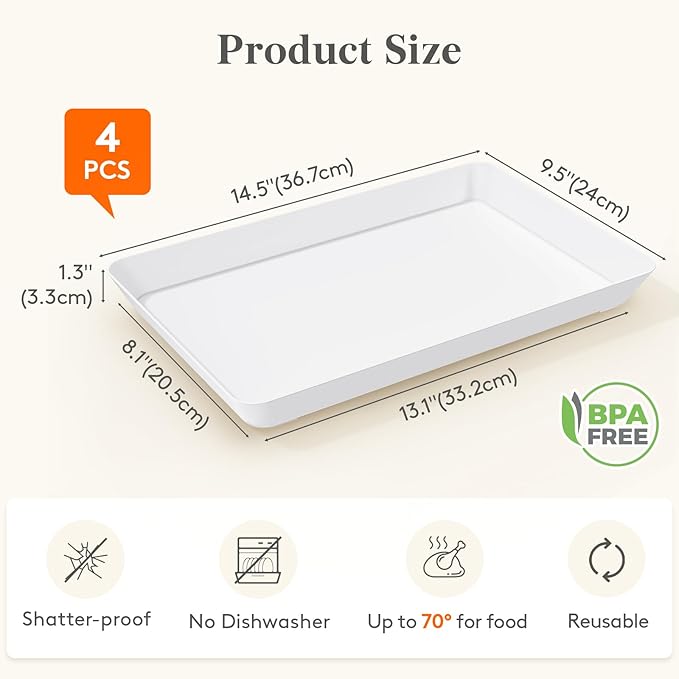 Lifewit 4 Pcs Plastic Serving Tray for Party Supplies, 15" x 10" White Trays for Serving Food, Reusable Large Platter for Buffet, Fruit, Dessert, Veggie, Holiday Christmas Essentials, Rectangle