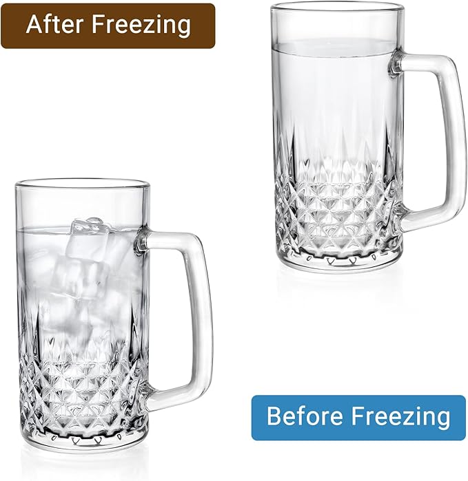 Beer Mugs For Freezer, 20 oz Large Heavy Glass Mugs with Handles Set of 2, Clear Large Beer Steins for Tea, Coffee, Lead-Free Glasses Oktoberfest Style, Best Gifts for Dad Husband or Friend