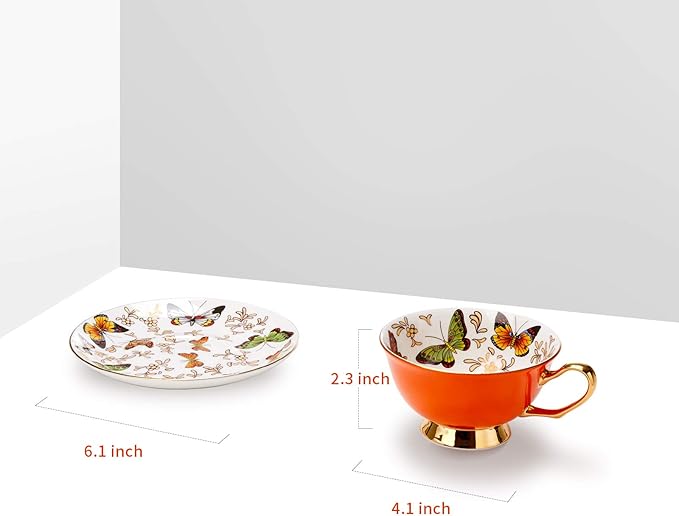LURRIER Coffee Cup Mug with Saucer for Latte, Cappuccino Tea with Butterflies 6.8 Oz Fine Bone China, Dishwasher Safe, Reactive Glaze, 1 Pcs