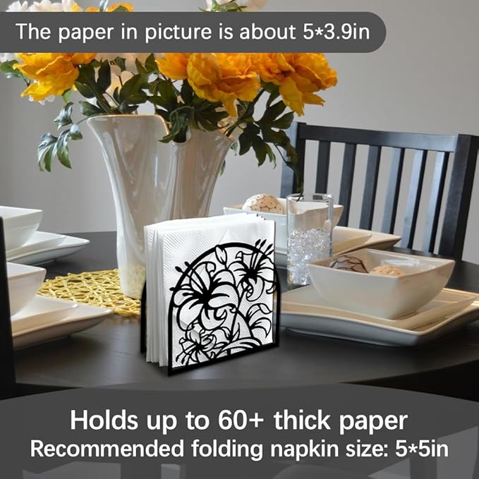 Lily Flower Decorative Black Metal Napkin Holder for Table, 5.3" x 4.9" x 1.9" Lily Floral Standing Napkin Holder for Home Kitchen Restaurant Picnic Party Coffee Bar Dining Room