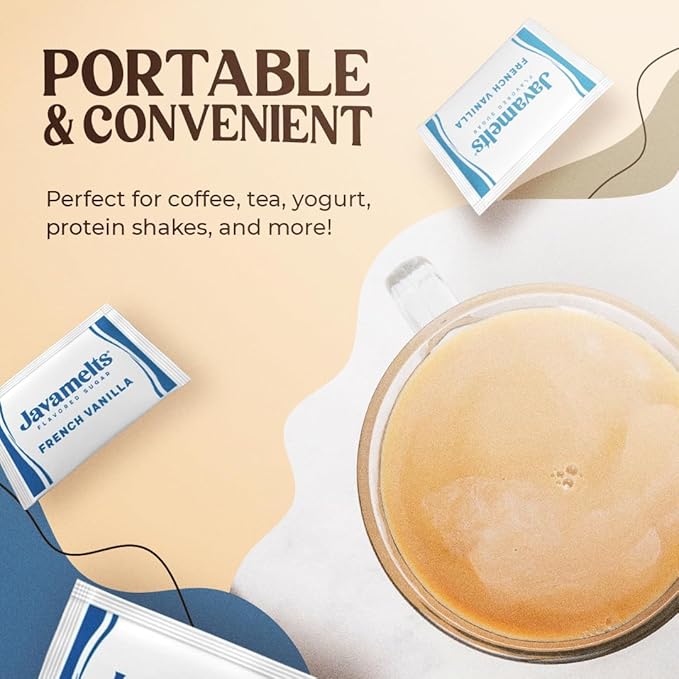 Javamelts French Vanilla Flavored Sugar Packets | Pure Cane Sugar for Baking, Coffee Syrup Substitute, Cocktails, Tea | Non GMO, Non Dairy, Gluten Free, Kosher | 200 Bulk Sugar Packets