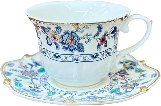 Floral Ceramic Cup Bone China Tea Cup and Saucer Set 6.8 Oz Gold Trim Vintage Style Porcelain Coffee Cup for Home Kitchen Office, Style 1
