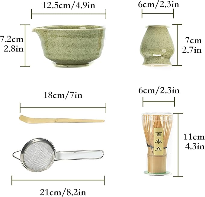 5Pcs Japanese Matcha Tea Set - Ceramic Bowl with Spout & Holder, Bamboo Whisk (Chasen), Scoop, Sifter - Complete Traditional Tea Ceremony Kit for Beginners, Gift for Tea Lovers(Green)