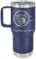LaserGram 20oz Vacuum Insulated Travel Mug with Handle, Sushi, Personalized Engraving Included (Navy Blue)