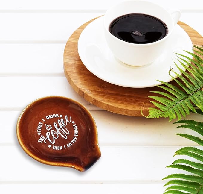 Funny Coffee Quote First I Drink The Coffee Then I Do The Things Ceramic Spoon Holder-Brown Coffee Spoon Rest -Cafe Station Bar Accessories