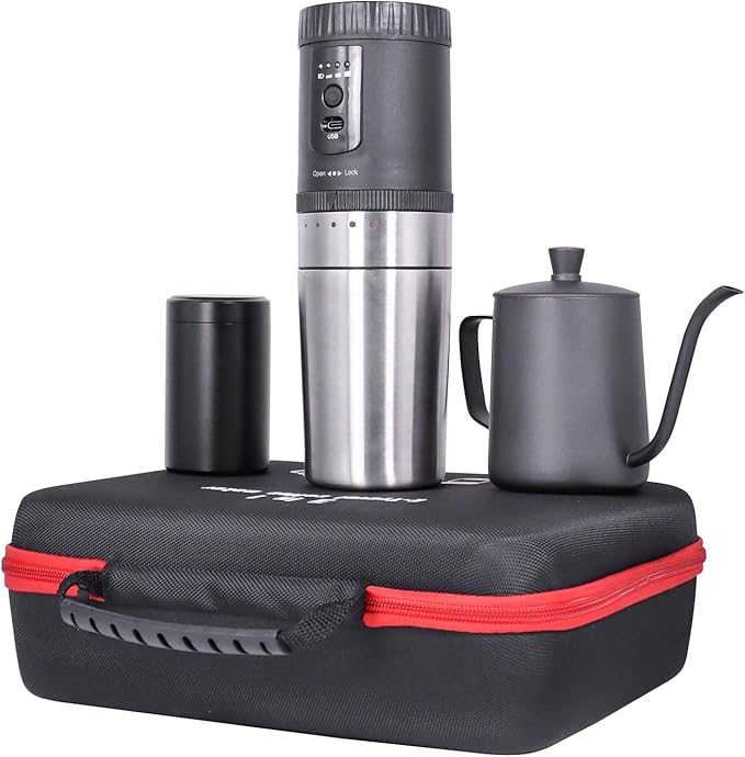 SOTECH 3 in 1 Portable Coffee Maker Electric Burr Coffee Grinder Black Pour Over Kettle Coffee Bean Storage For Travel Hiking Picnic Camping