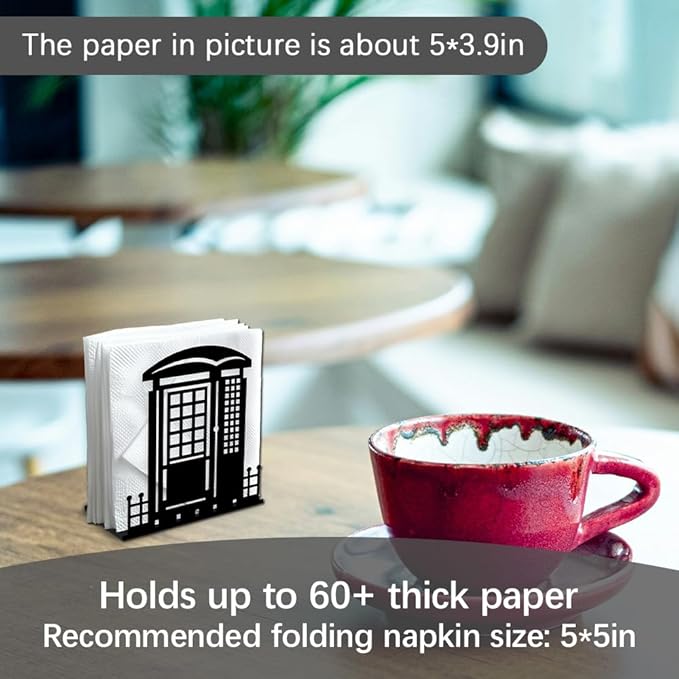 Telephone Booth Decorative Black Metal Napkin Holder for Table, 4.9" x 5.3" x 1.9" Phone Booth Standing Napkin Holder for Home Kitchen Restaurant Picnic Party Coffee Bar Dining Room